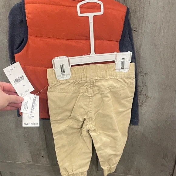 NWT Orange and Navy Puffer Vest, shirt with Beige Pants Set - Picture 3 of 4